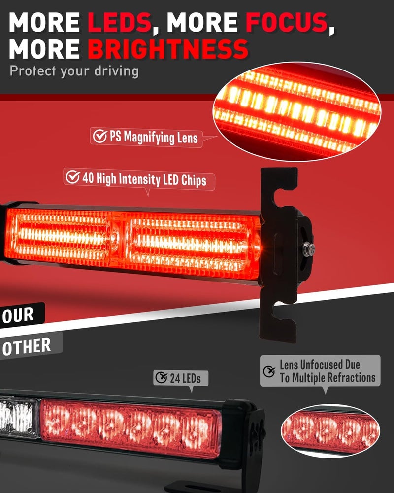 HLauto 1002L Emergency Strobe Traffic Advisor Light Bar: 40 LED Dash Safety Warning Flashing Light, Front/Rear Windshield Visor for Construction Vehicle, Tow/Plow Truck (2x10.7inch, Red) - Image 2